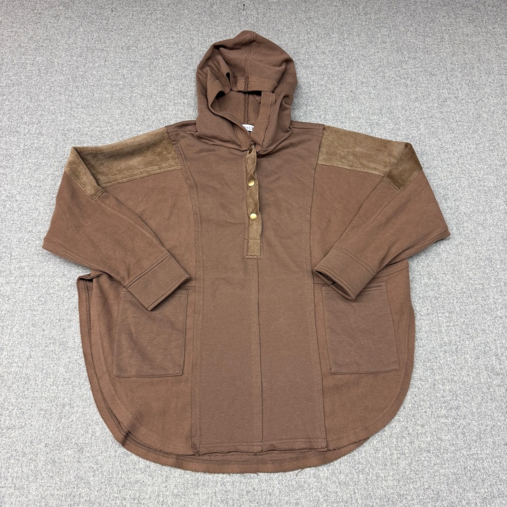 AEMI+CO Hoodie Pullover Small Brown Corduroy Mixed Media Snap Henley Oversized T